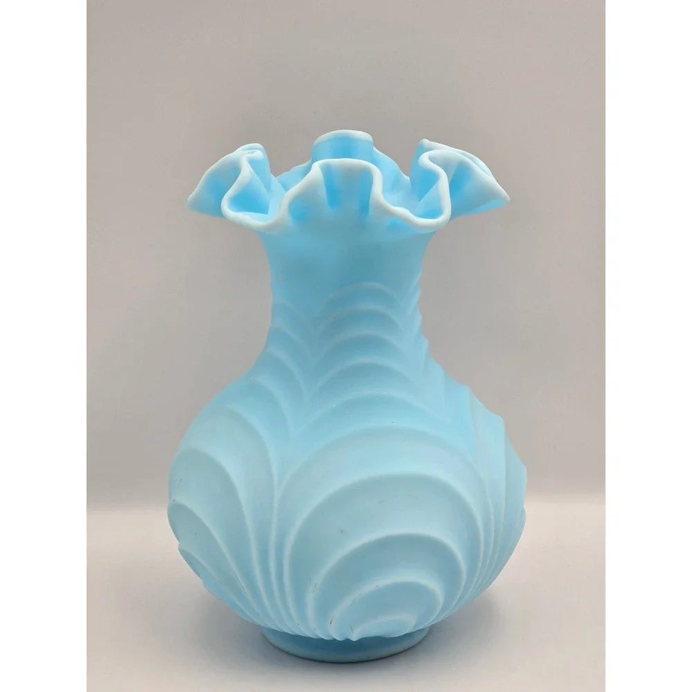 Fenton Vintage Satin Glass Vase Blue‎ Ruffled Rim 8 Inch Light Blue Embossed